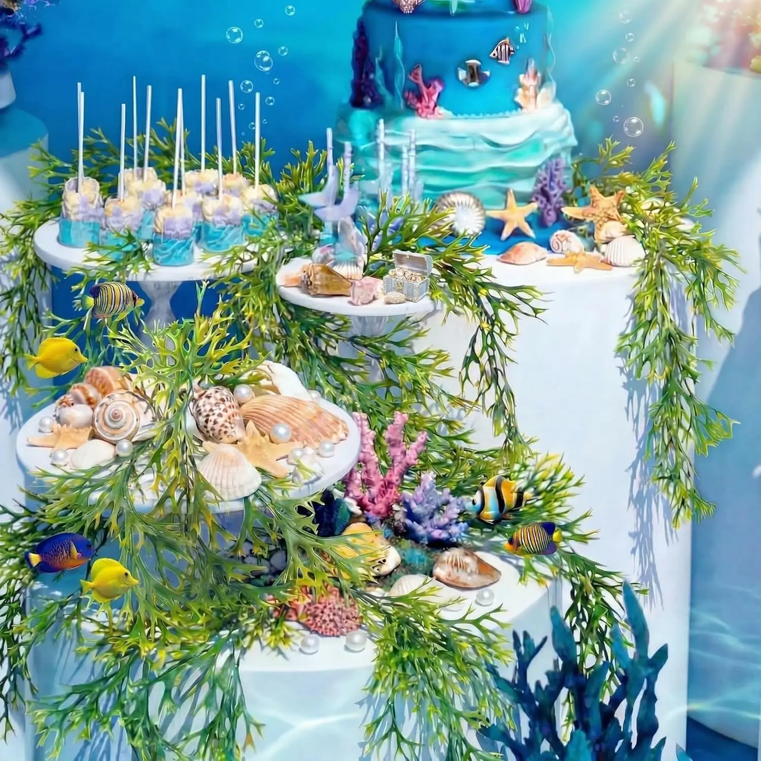 XunYee 3 Pcs 2.6 ft Waterproof Tropical Fake Seaweed, Under The Sea Party Decorations, Ocean Themed Table Centerpiece Plants for Pool Baby Shower, Door Backdrop, Gift Supplies, Water Proof