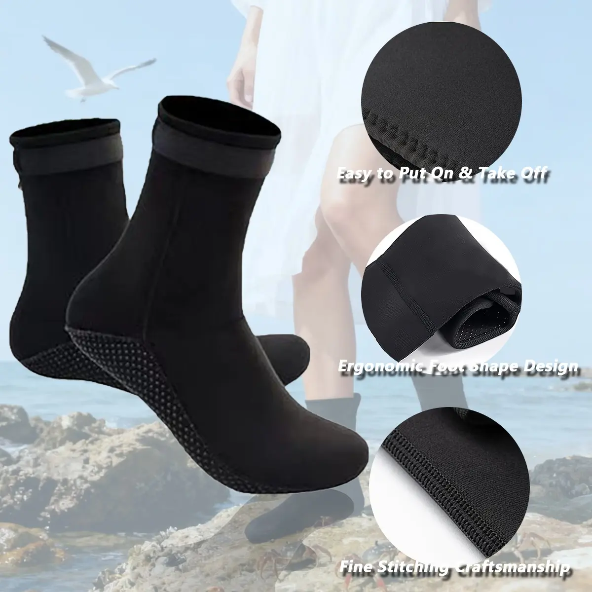 Dive Long Socks, 85% Nylon + 15% Spandex, Straight Cuff, Magic Tape Anti-Slip Design, Ideal for Scuba Diving & Surfing, Individual Packaging