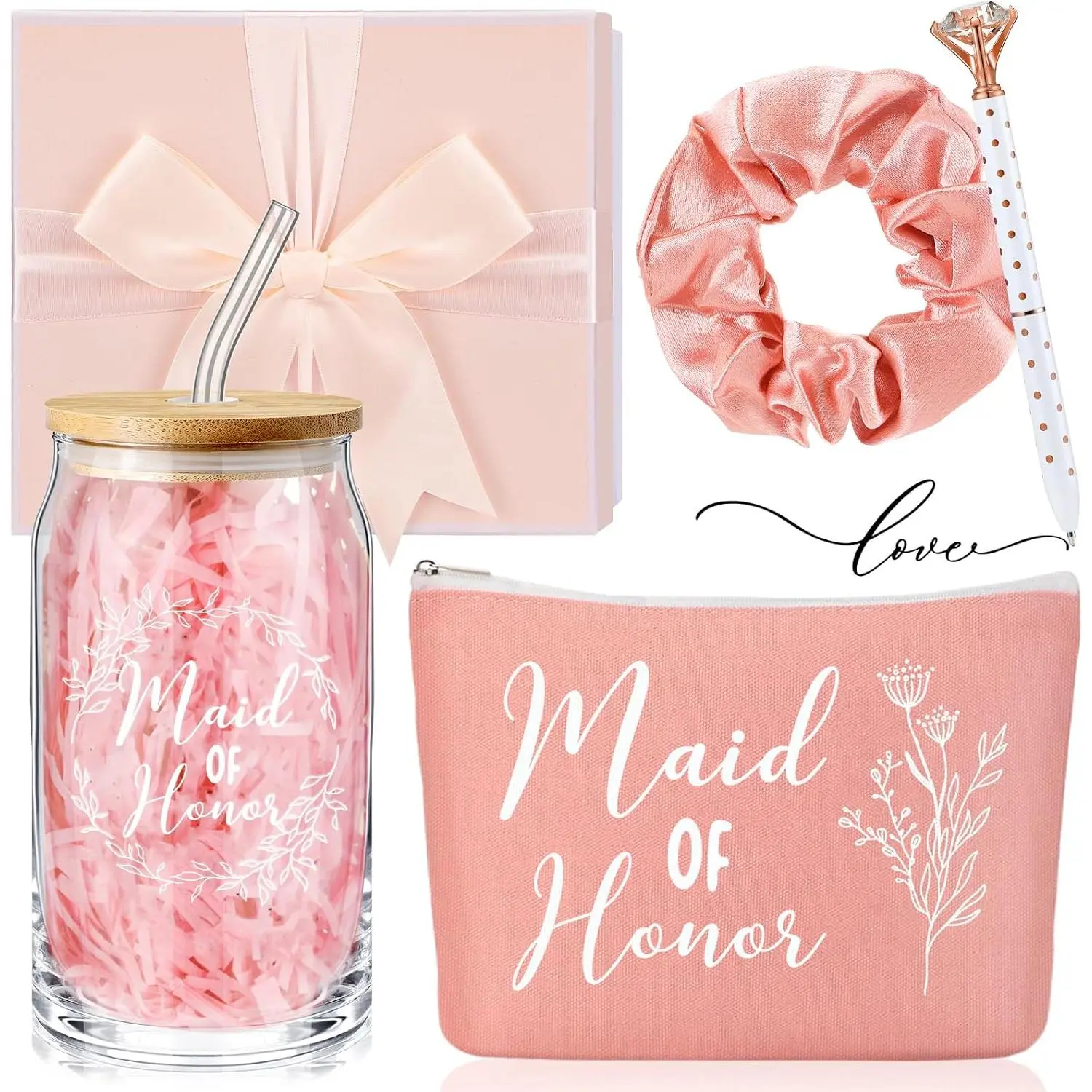 Maid of  Proposal Gifts Set of 5 with Maid of  Glass Cup Makeup Bag Scrunchies Hair Tie  Ballpoint, Proposal  Box with Raffia for Wedding Party Favors(Rose )