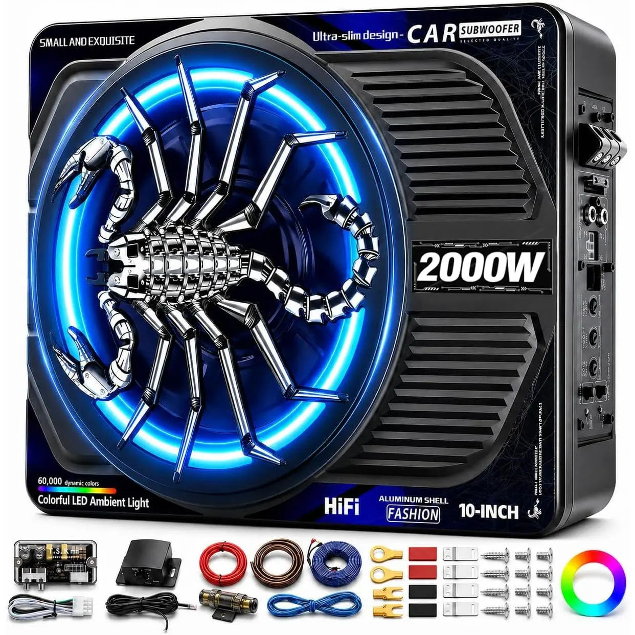 2000W 10 Inch Underseat Car Subwoofer and Amp Package, Slim Powered Under Seat Sub with Built-in Class D Amp, RGB Beat-Synced Light, Low Pass Filter, Bass Boost for Truck SUV