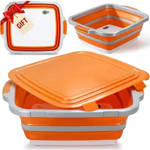 16L Collapsible BBQ Prep Tub with Locking Lid & Cutting Board - Marinade Container Grill Carry System for RV Picnic Tailgate - Portable Wash Basin for Kitchen Camping Sink - Gift for Men Women
