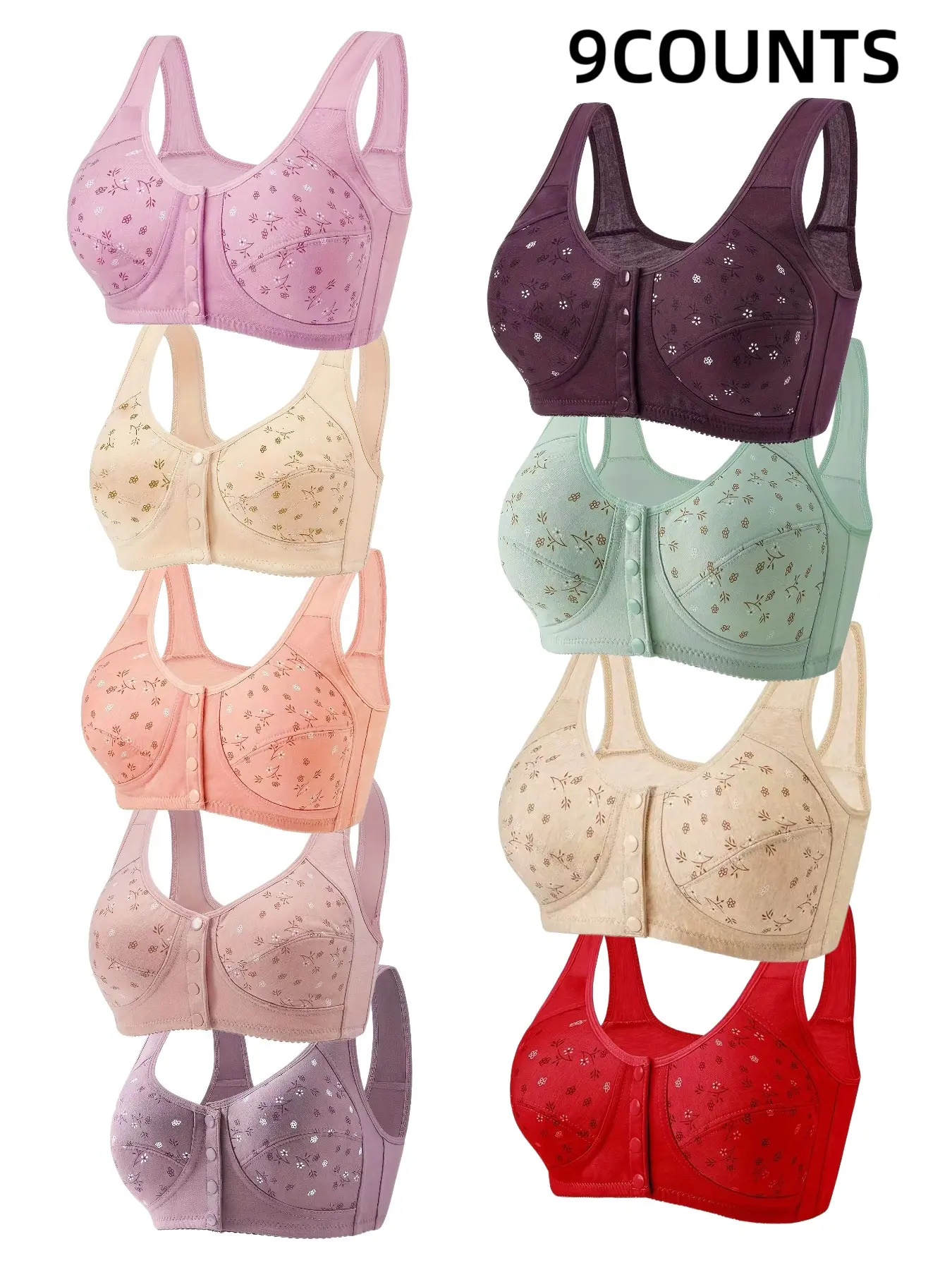 9-Pack Women's Wire-Free Front Buckle Bra, Seamless Comfort Fit, Elegant Everyday Wear Underwire Free Bra, Breathable Soft Fabric, Full Day Support