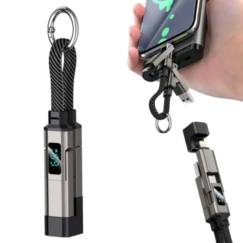 4 in 1 USB C Keychain Charger Cable, 65W Fast Charging Short Phone Lanyard Data Cable Fit Light-ning/Type-C/USB-A/USB-C, Portable Multi Charge LED Display Digital Cord (Black)