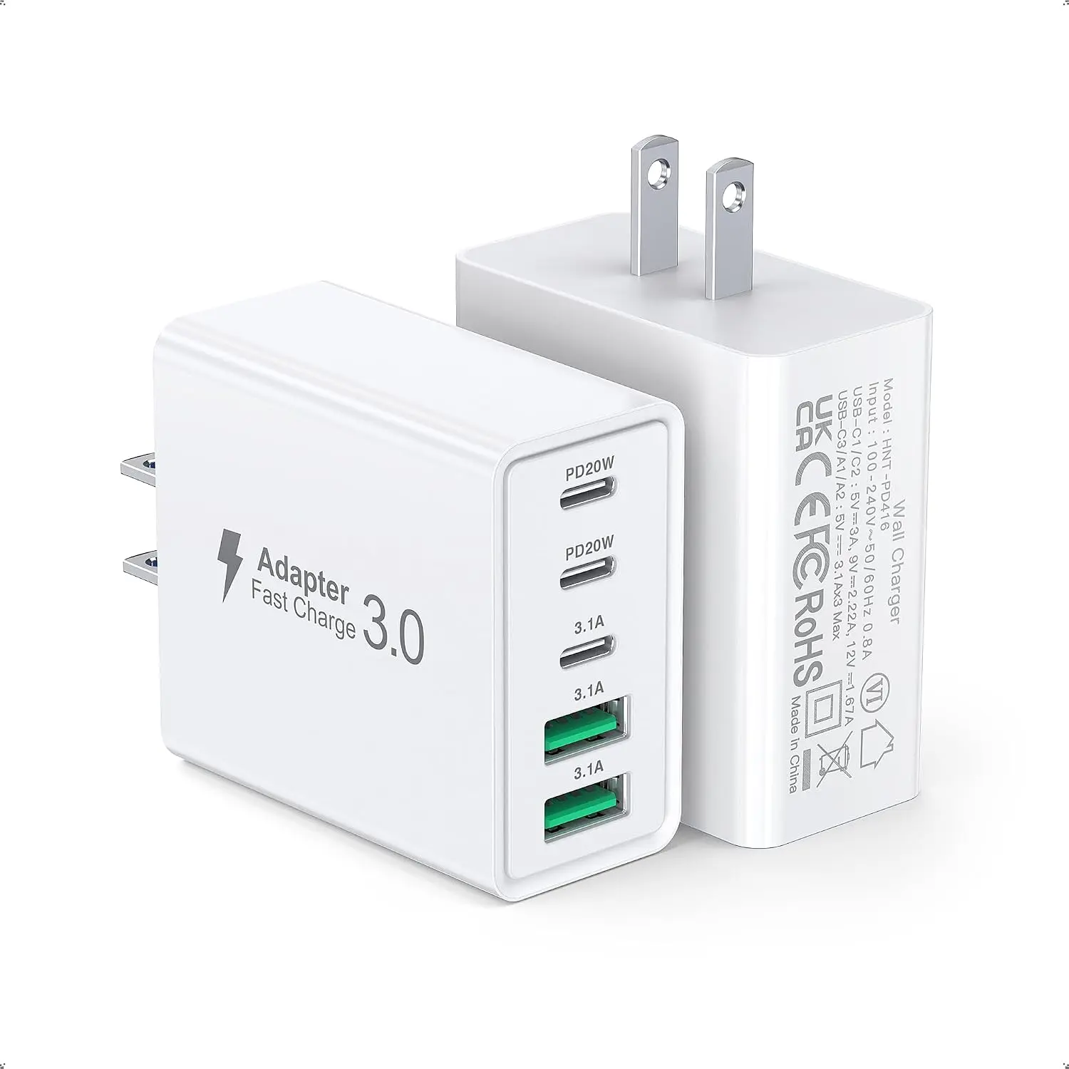 2Pack USB C  Charger Block,60W 5-Port USB Wall Charger Brick,2 USB A & 3 USB C PD3.0 Power Adapter Multiport Type C  Plug for  17/16/15/14,Pad Mini/Pro,AirPods 4,GalaxyS25(White)