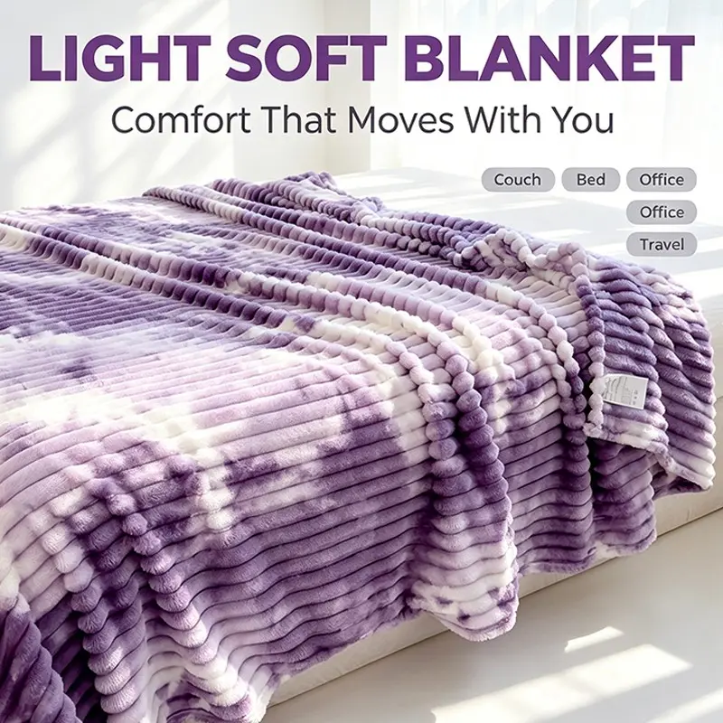 Cozy Aesthetic Ombre Tie Dye Fuzzy Throw Blanket, Super Soft Ribbed Striped Plush, Lightweight Warm Nap Blanket for Bedroom Couch Office Home Decor