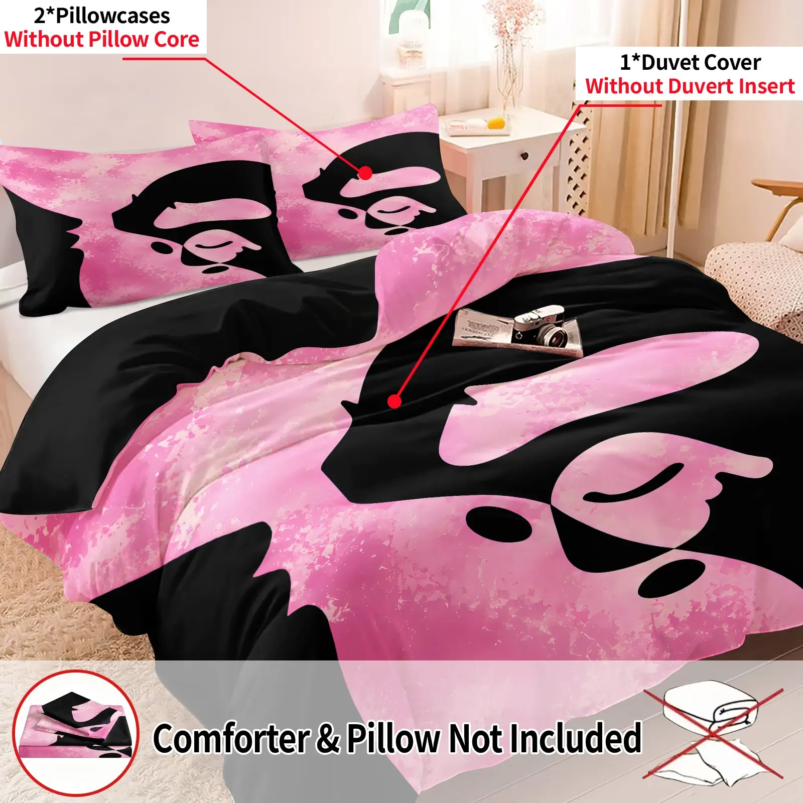 3PCS Camo Ape Head Themed Duvet Cover Set(1 Duvet Cover + 2 Pillowcases), Soft Cozy Skin-Friendly Breathable All-Season Bedding, Bold Black Pink Gradient Ape Pattern, Great for Trendy Teen Girls & Young Ladies Sweet Cool Bedroom Decor, Printed Bedding Set