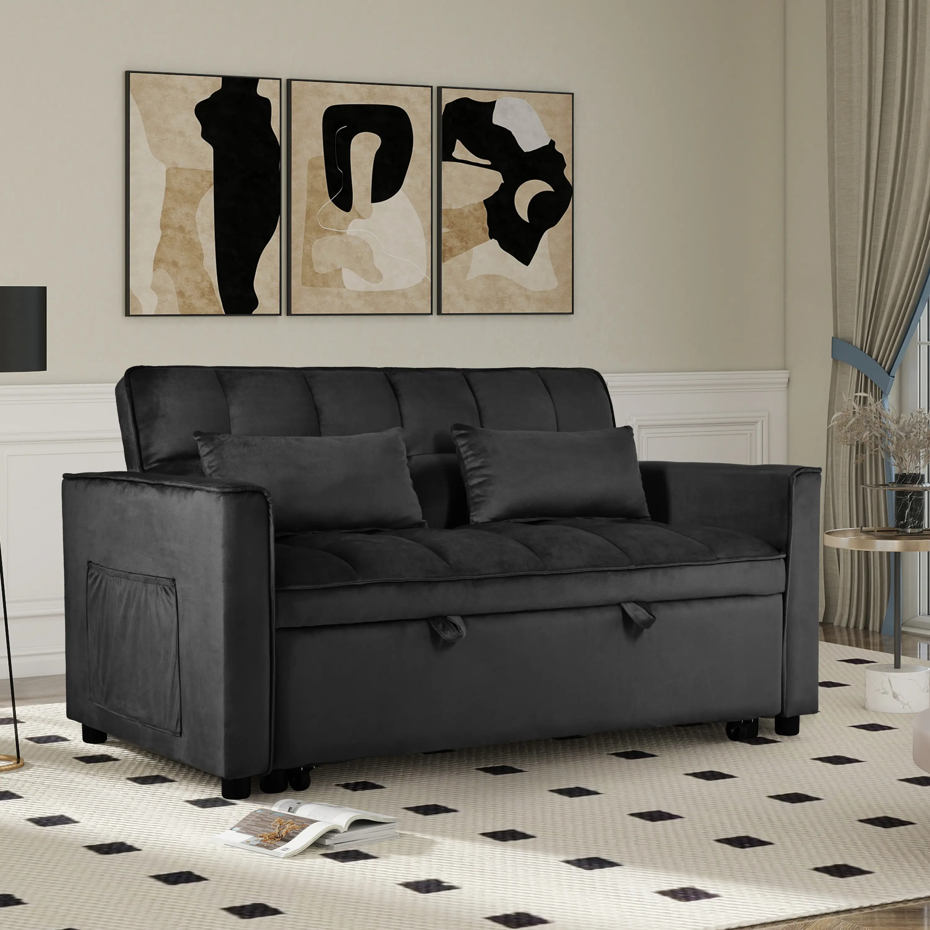 ARCH Convertible Sofa Bed 3-in-1 Pull Out Couch Bed with Reclining Backrest and Pillows Full Sleeper Loveseat for Living Room Home Office Black Compact Space-Saving Design, Living Room Furniture for Apartment, Lounge, Family Room, Sofa Couch Seating