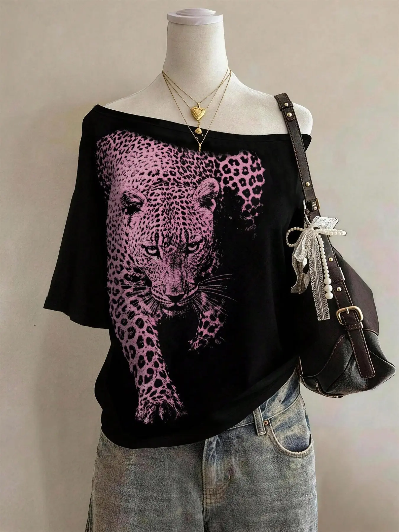 Retro Leopard Print T-Shirt, Asymmetrical Shoulder Loose Fit, Casual Street Style, Women's Fashion Top, All Seasons