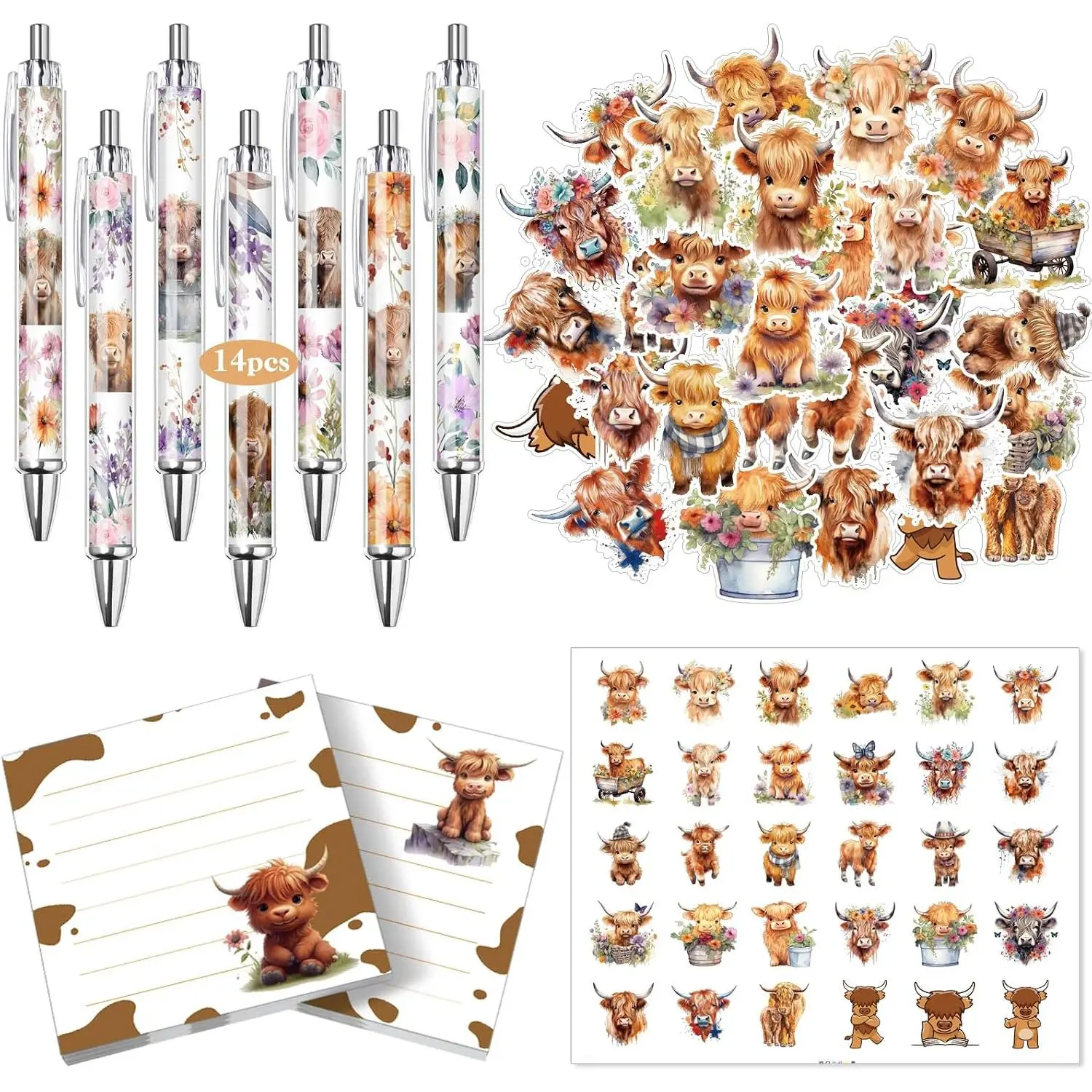 18 count Cute Highland Cow Gifts Set Including 14 Highland  Pens 2 Sticky Notes 60 Stickers  Lover  Office Supplies for Student Teacher Employee Staff