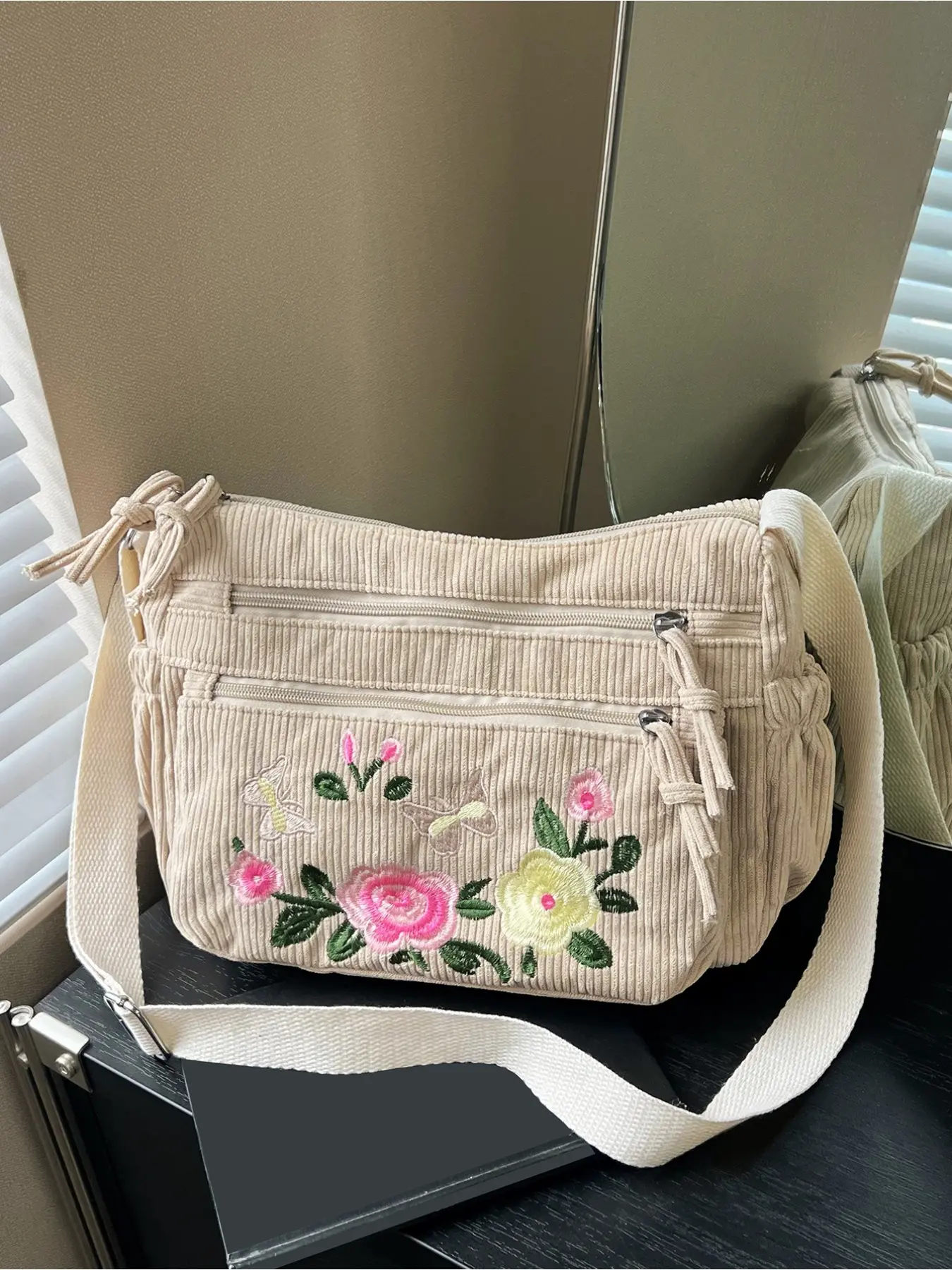 Forest Floral Embroidery Corduroy Crossbody Bag Chinese Vintage Retro Casual Women Aesthetic Shoulder Bag Lightweight Multi Layer Daily Use