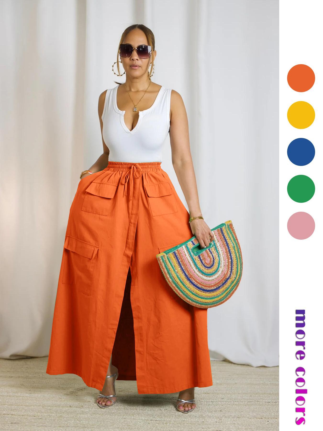 Women's Plain Drawstring High Waist  Skirt, Casual Boho Pocket Wrap Skirt for Summer, Ladies Bottoms for Beach Holiday Vacation