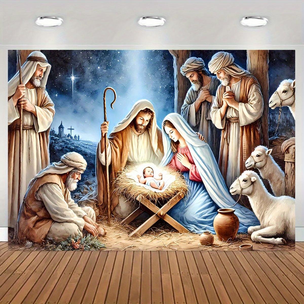 Large Nativity Scene Banner Durable Polyester Christmas Backdrop with Mary Joseph Youngsters Jesus Shepherds & Animals Indoor Outdoor Church Decor Wedding Birthday Graduation Party Photo Backdrop Event Backdrop Traditional Nativity Scene