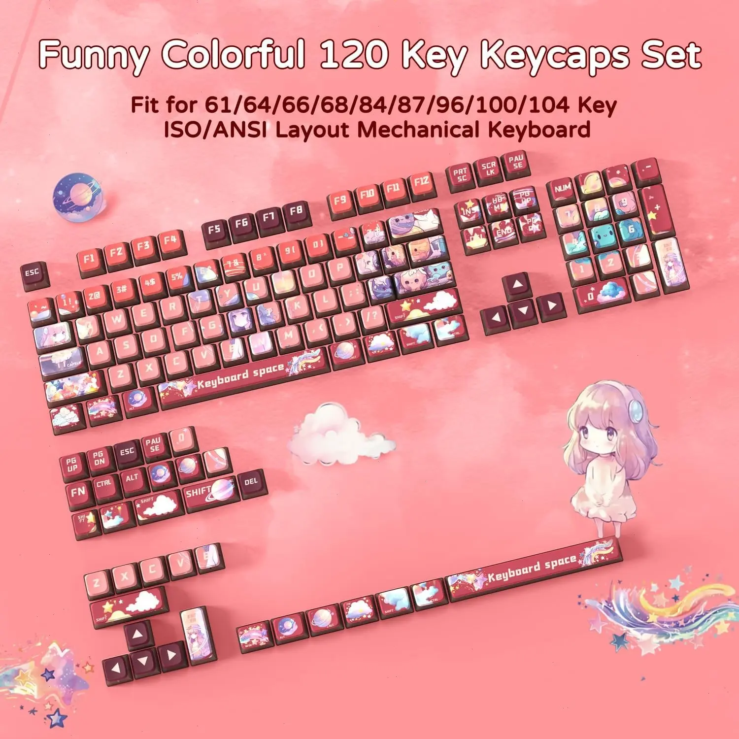 Cherry Blossom Pattern Keycap, PBT Five-sided Sublimation Pudding Keycaps , Keyboard Keycap for 6.25U Space 61/68/75/8487/98/100/104/108