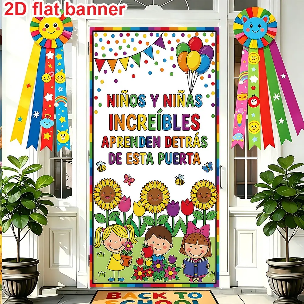 2D Flat Banner for Back-To-School Season, Spanish Language, Sunflower Bee Design, Polyester, School Classroom Decoration, Party Supplies
