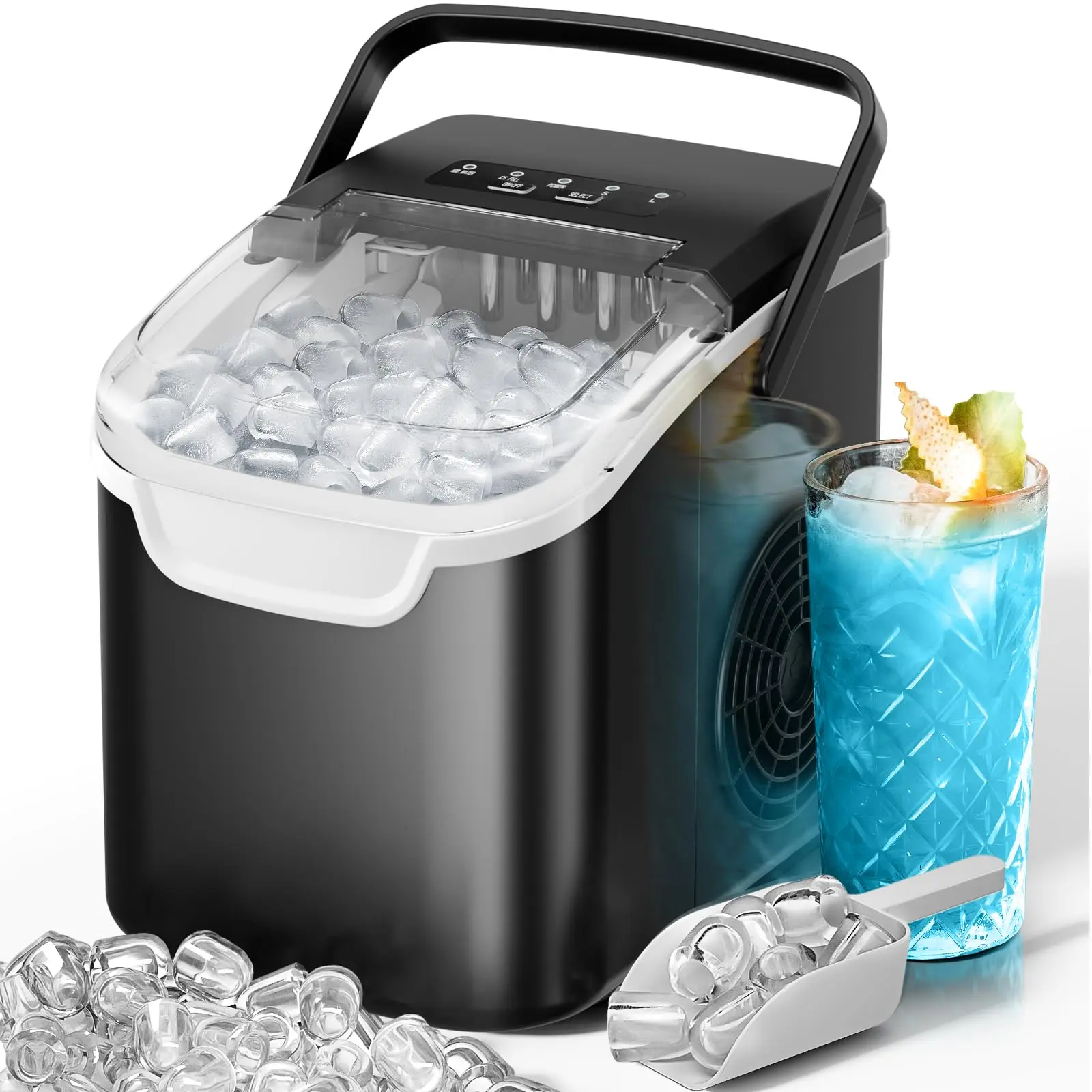 Countertop Ice Maker Machine, 8 Ice Cubes in 6 mins, 26lb/Day Ice with 2 Sizes- Portable Mini, Energy Saving & Basket/Scoop for Home/Party/Travel/Camping/Bar
