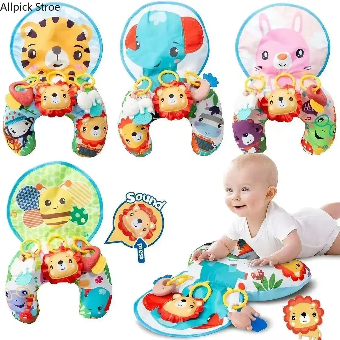 Baby Play Mat for Tummy Time, Sensory Activity Gym with Support Pillow & Rattles, Animal Crawling Mat for Early Learning, Motor Skill Development, Floor Play, Rolling & Baby Exercise