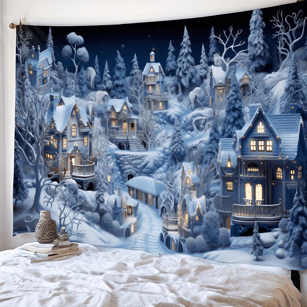 Winter Wonderland 3D Wall Tapestry, Cozy Snow Scene Holiday Backdrop, Transform Your Living Room with Festive Aesthetic for Christmas & New Year Decor