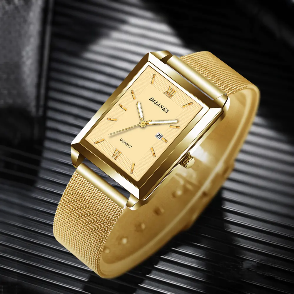 Men's Classic Rectangular Stainless Steel Wrist Watches - Quartz Analog Clock with Retro Square Dial, Calendar Date, Mesh Strap, for Business Work