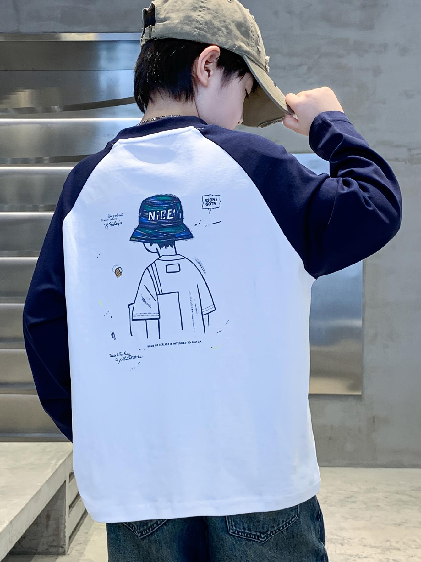 Boys' Long Sleeve T-Shirt with Contrast Color Block & Raglan Sleeves - Oversized H-Line Fit, Round Neck Casual Shirt for Spring/Fall Layering, & Outdoor Play - Easy-Care Kids' Top (White/Black/Navy)(Gift)11