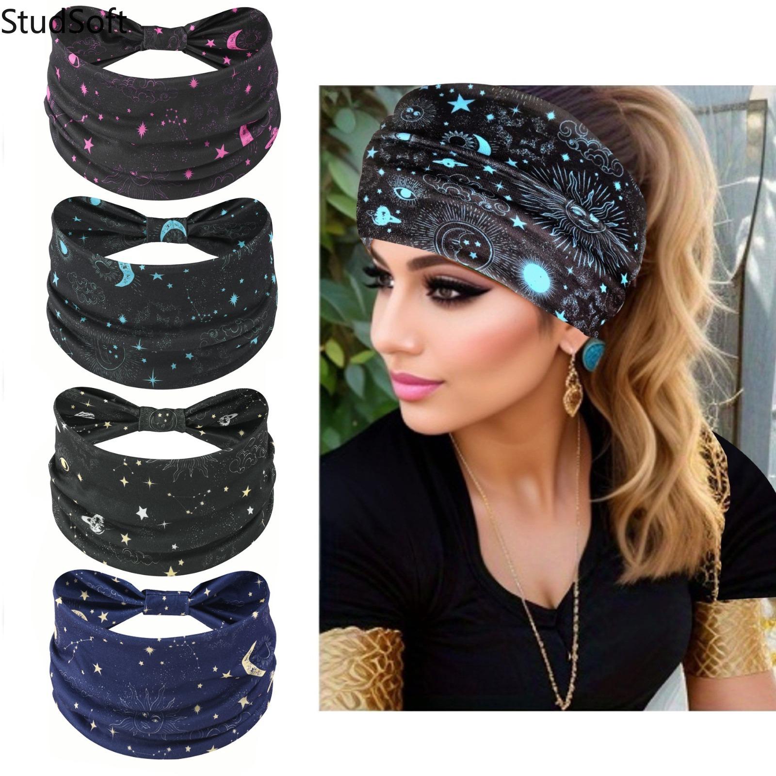 Star & Moon Print Wide Headbands for Women, Bohemian Fashion Hair Bands, Elastic Sweat Wicking Head Wraps for Yoga Running Workout Fitness, 4 Pack