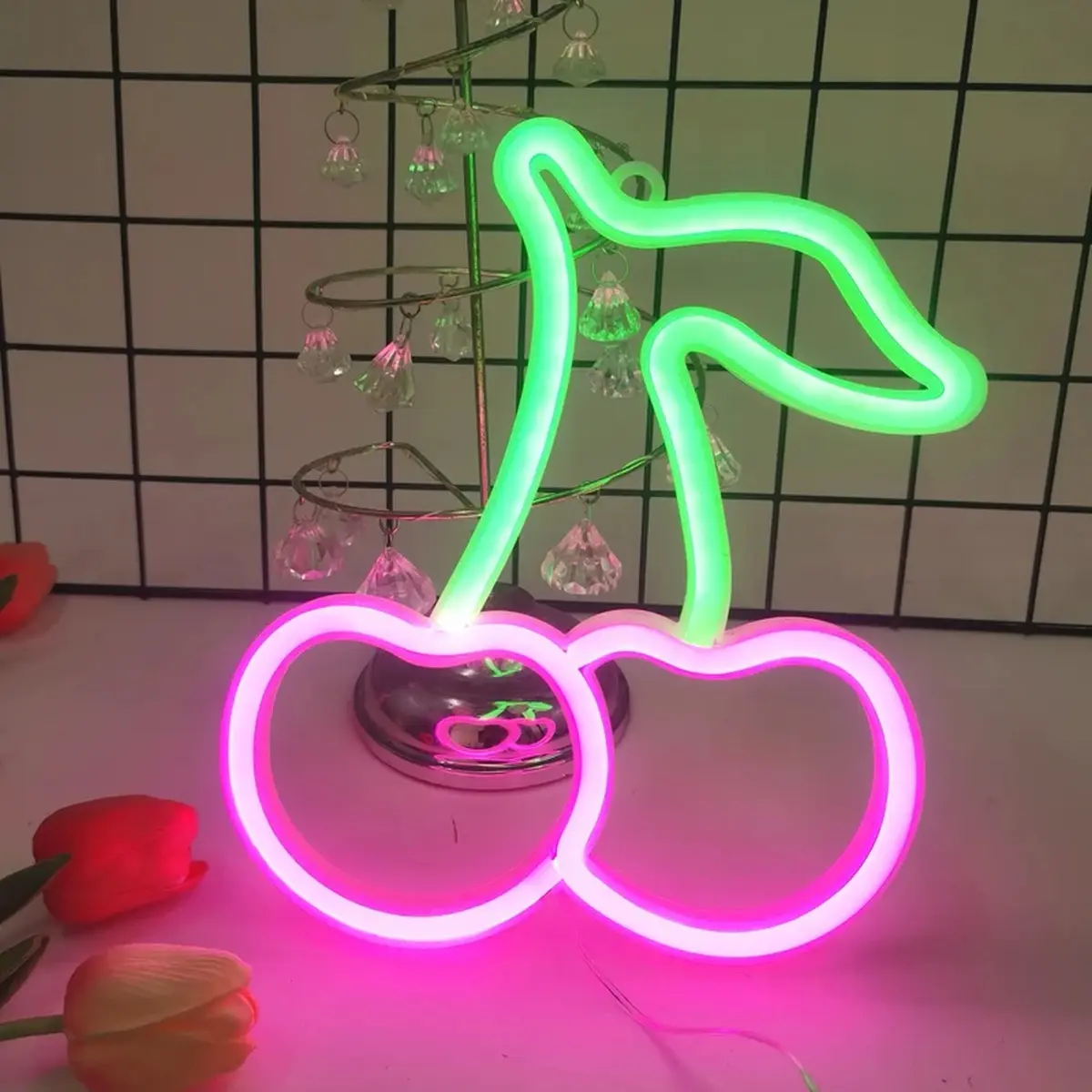 Lune Cove Cute Cherry Neon LED Logo Lights - USB/Battery Powered - Home & Festive Decor for Halloween Parties, Bedrooms, Porches