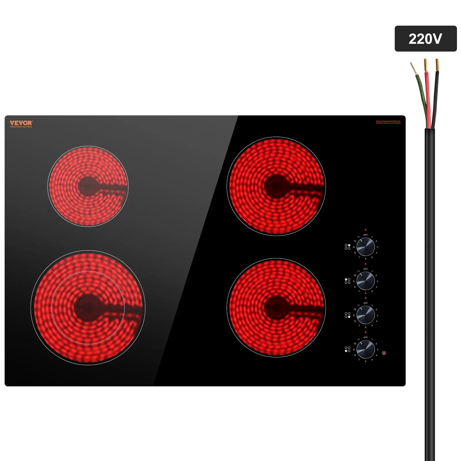 VEVOR Electric Cooktop, 30 inch 4 Burners Built-in Electric Stove Top, 7200W Ceramic Top Radiant Cooktop, with Glass Panel, Knob Control, 11 Heat Levels, 220-240V, Hard Wire (No Plug)