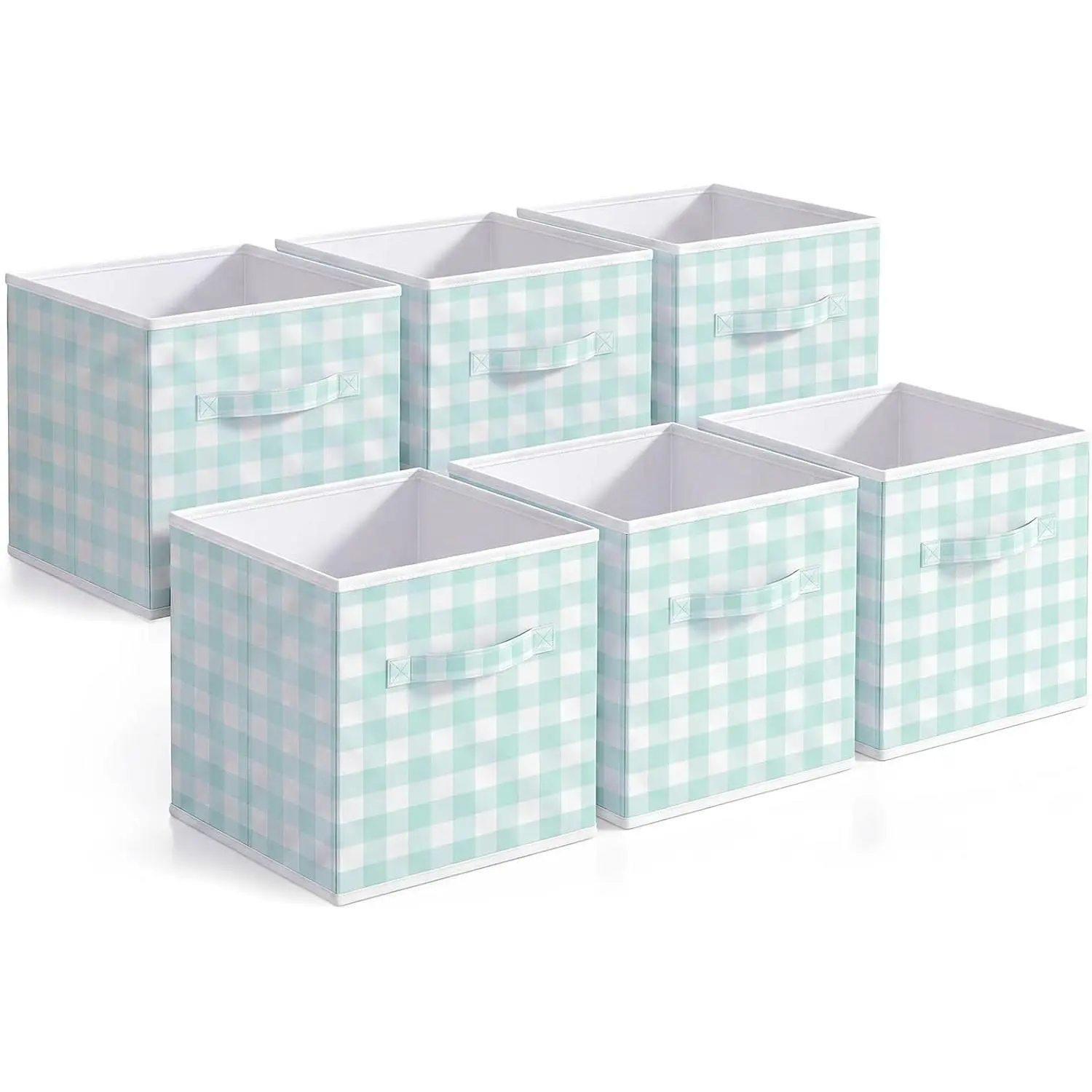 6 count Green Gingham Cube Storage Bins, 11 Inch Fabric Checkered Classroom Storage Bins Organizer with Handle Preppy Collapsible Cubby Basket for Classroom   Playroom Bedroom