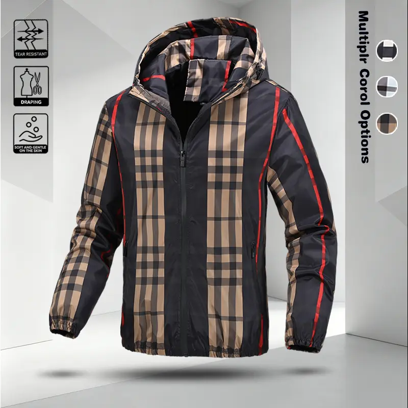 Spring and Autumn men's plaid hooded jacket trend classic plaid windproof jacket youth casual thin hooded top
