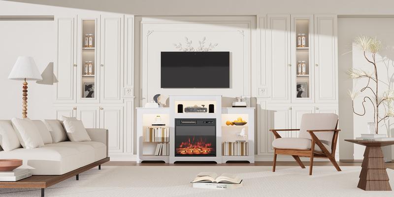 55" TV Stand with Fireplace, Media Entertainment Center Console Table with 18-inch Fireplace Insert for TVs Up to 65 Inches, Entertainment Center with Adjustable Shelves, White