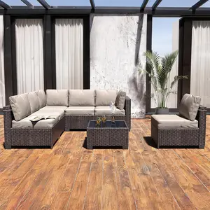 7-Piece All-Weather Wicker Rattan Patio Sectional Sofa Set, Modular Conversation Furniture with Beige Cushions & Coffee Table, Outdoor Sofa for Garden, Backyard, Porch, Poolside