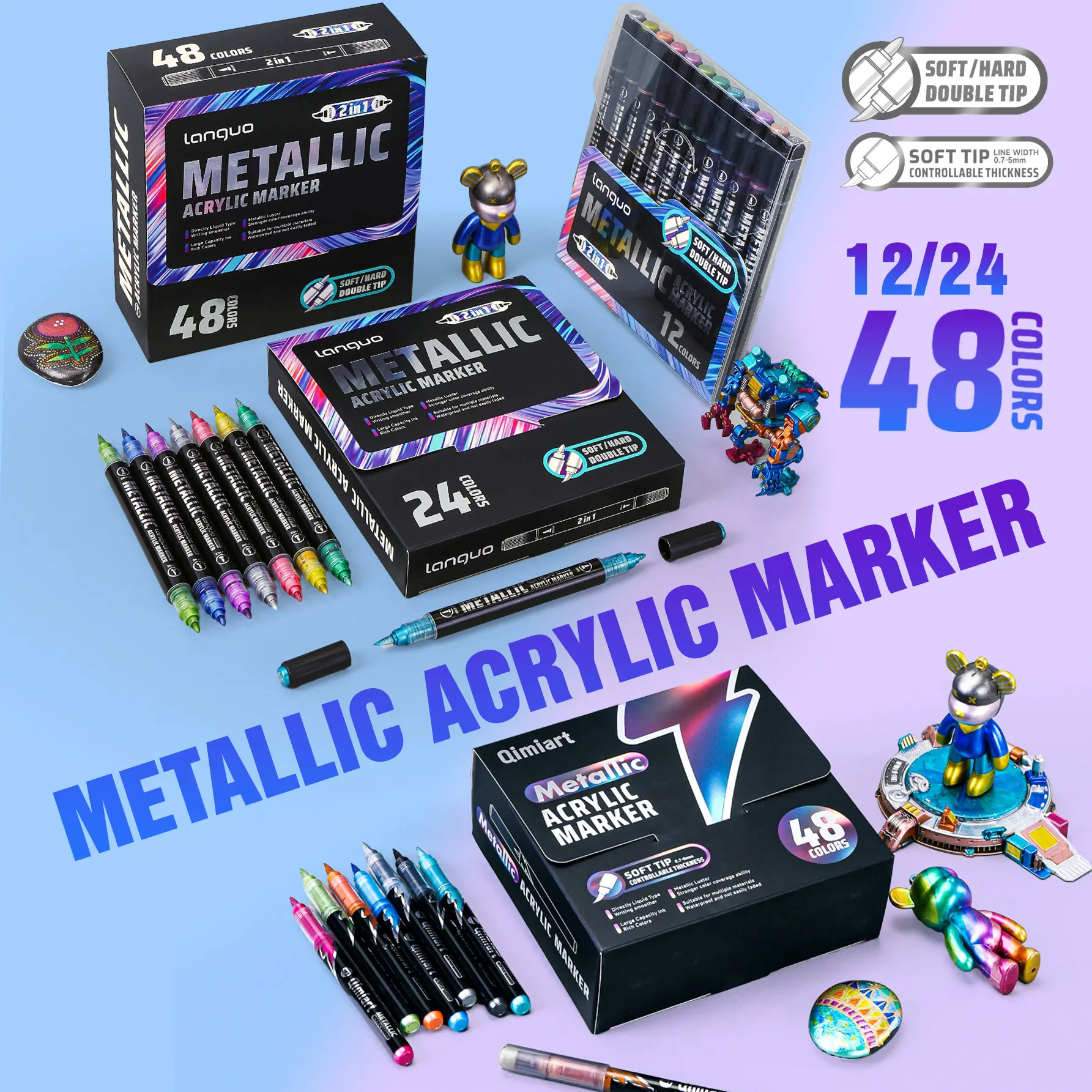 12/24/48 Color Metal Dual-Head Acrylic Markers Set, Professional Art Supplies, Suitable for Wood, Glass, Metal, Ceramic, Plastic, Fabric