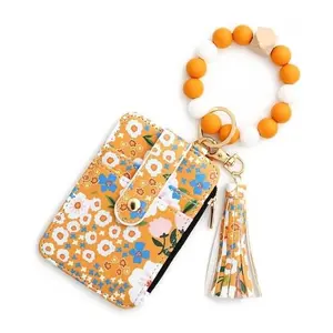 Women's Leather Card Case Keychain Wallet - Boho Style Beaded Tassel Decoration, Floral Pattern