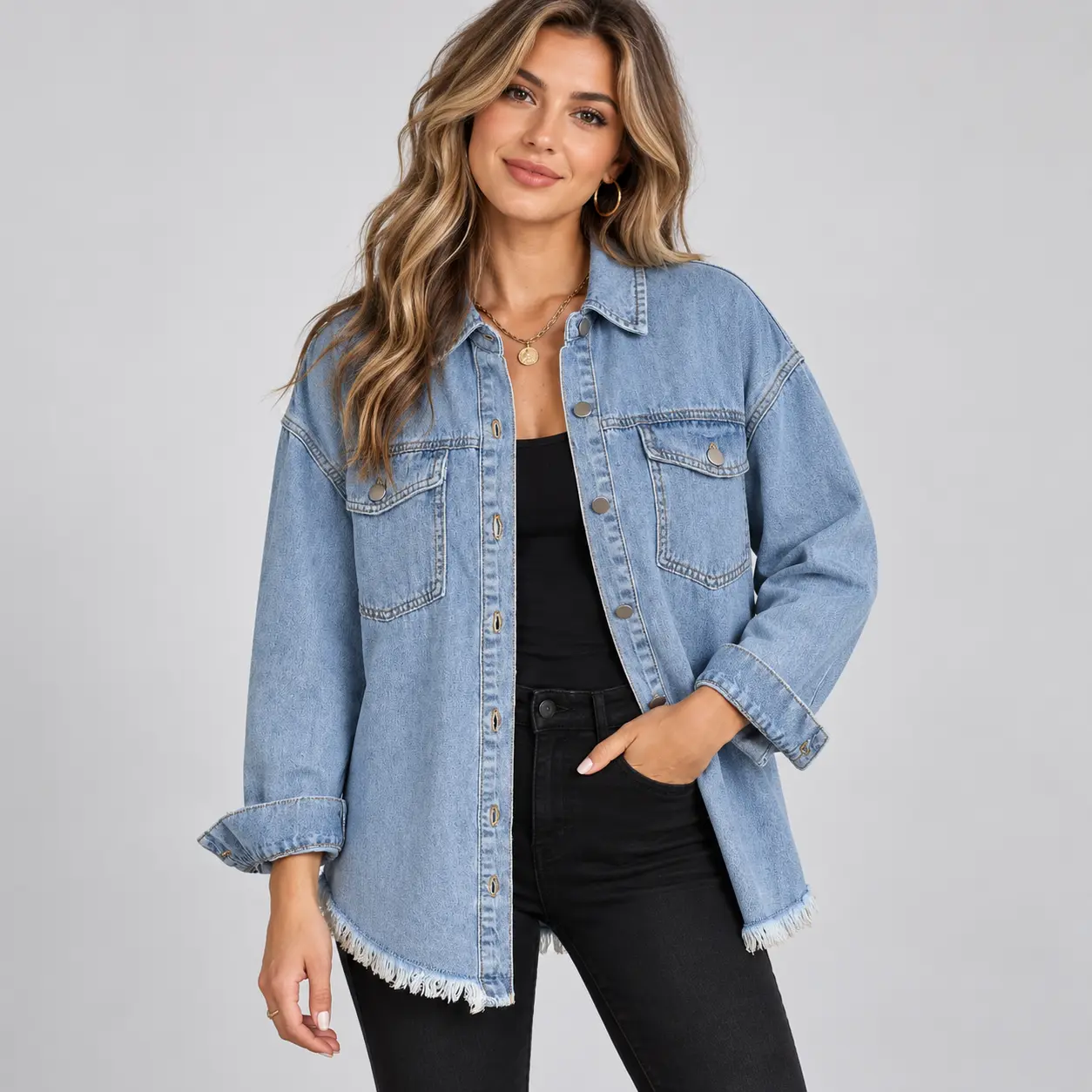 Women's Oversized Denim Shirt Jacket, Light Wash Button Down Jean Shacket with Chest Pockets & Frayed Hem, Relaxed Long Sleeve Casual Outerwear for Women, Spring Fall Streetwear, Travel Work Weekend Outfit, Layering Top, Vintage Blue Denim Style