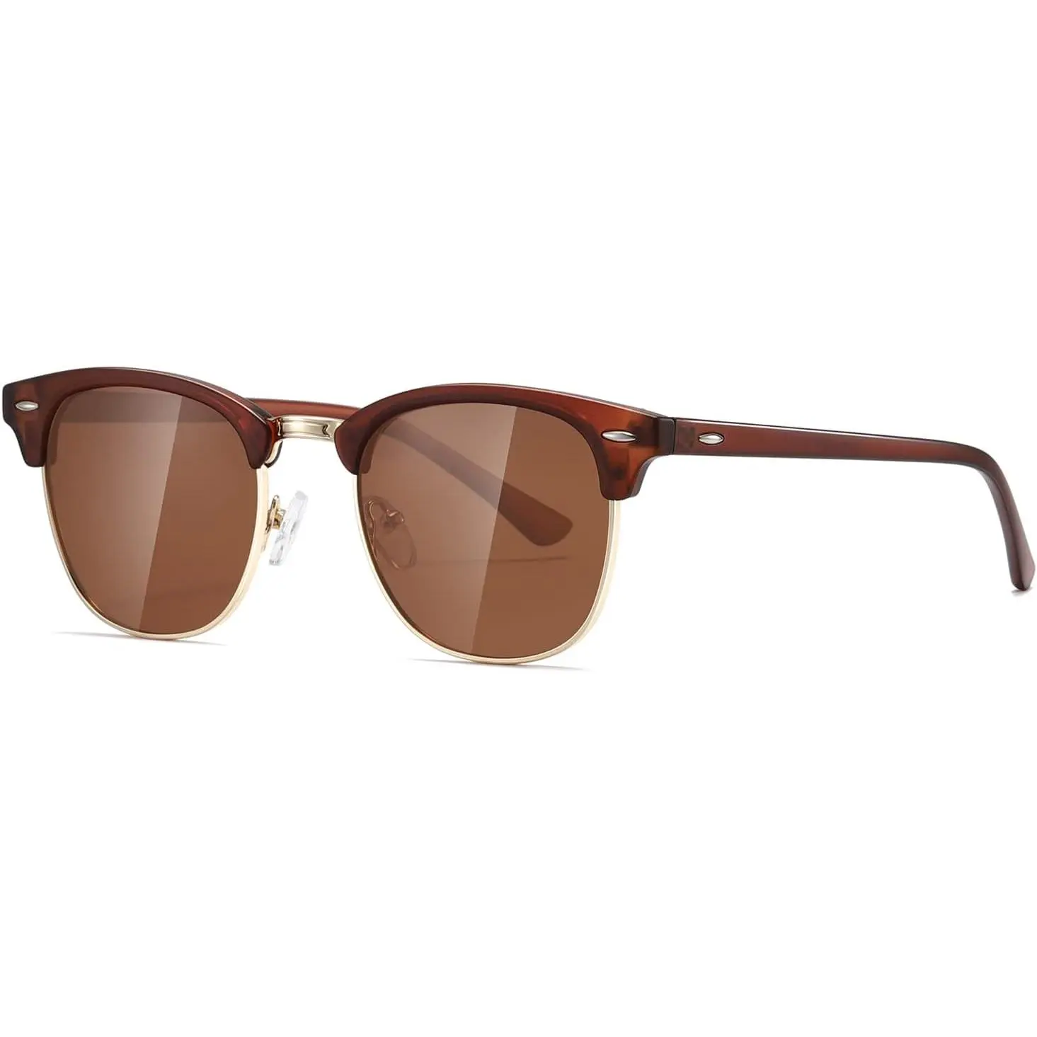 Retro Polarized Sunglasses for Men and Women, Brown Semi Rimless Browline Frame, Lightweight Casual Sunnies for Driving, Glare Reduction, Sunglasses For Women