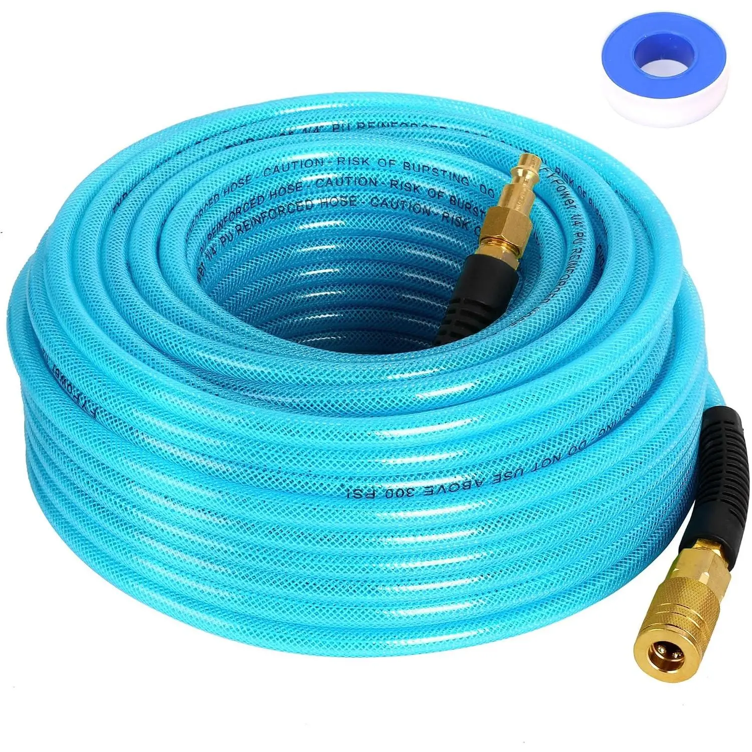 Hose 1/4 Inch x 100 Feet Reinforced Polyurethane (PU) Air Hose with Fittings, Bend Restrictors, 1/4" Industrial Quick Coupler and Plug Kit, Blue
