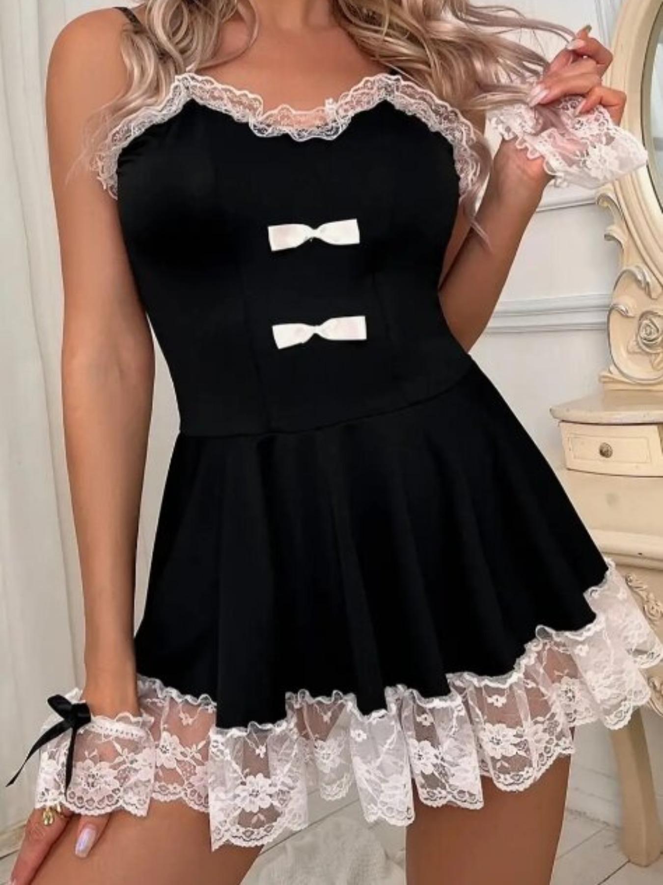 Women's Contrast Lace Bow Decor Backless Cami Dress With Wristbands, Elegant Fashion A-line Nightdress, Women's Nightgown
