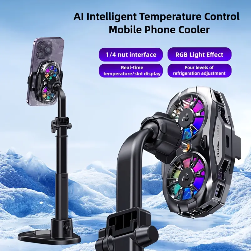 Dual Fan Mobile Game Cooler, Semiconductor Phone Cooling Fan, ABS Portable Phone Live Streaming Cooling Fan, with RGB Lighting, LCD Display, Dual Fan Semiconductor Rapid Cooling, 1/4 Tripod Interface, Silent Operation
