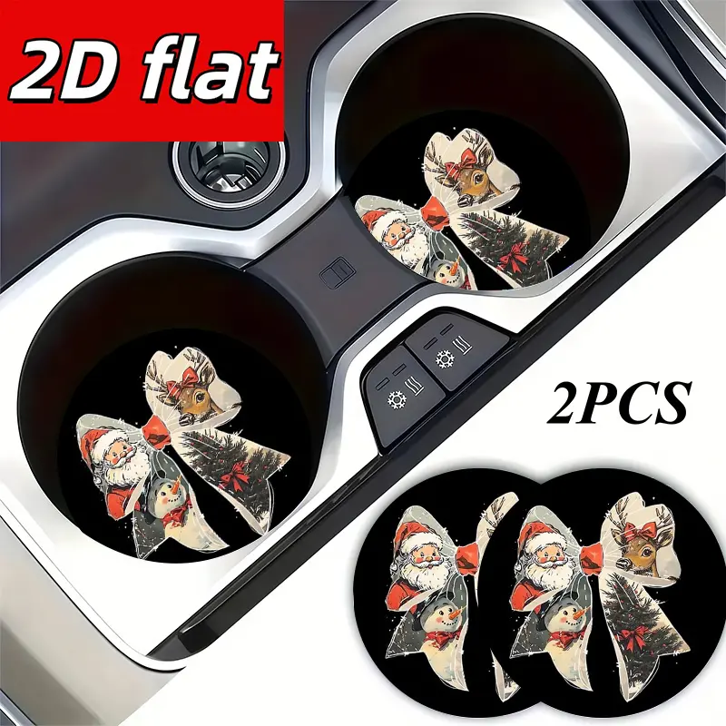 2D Flat, 2pcs Christmas Santa Snowman Reindeer Xmas Tree Bow Print Car Cup Holder Coaster Mats, Party Favors, Holiday Gifts Universal Car Interior Accessory, Ideal Gift for Both Men And Women, Suitable for Car Enthusiasts