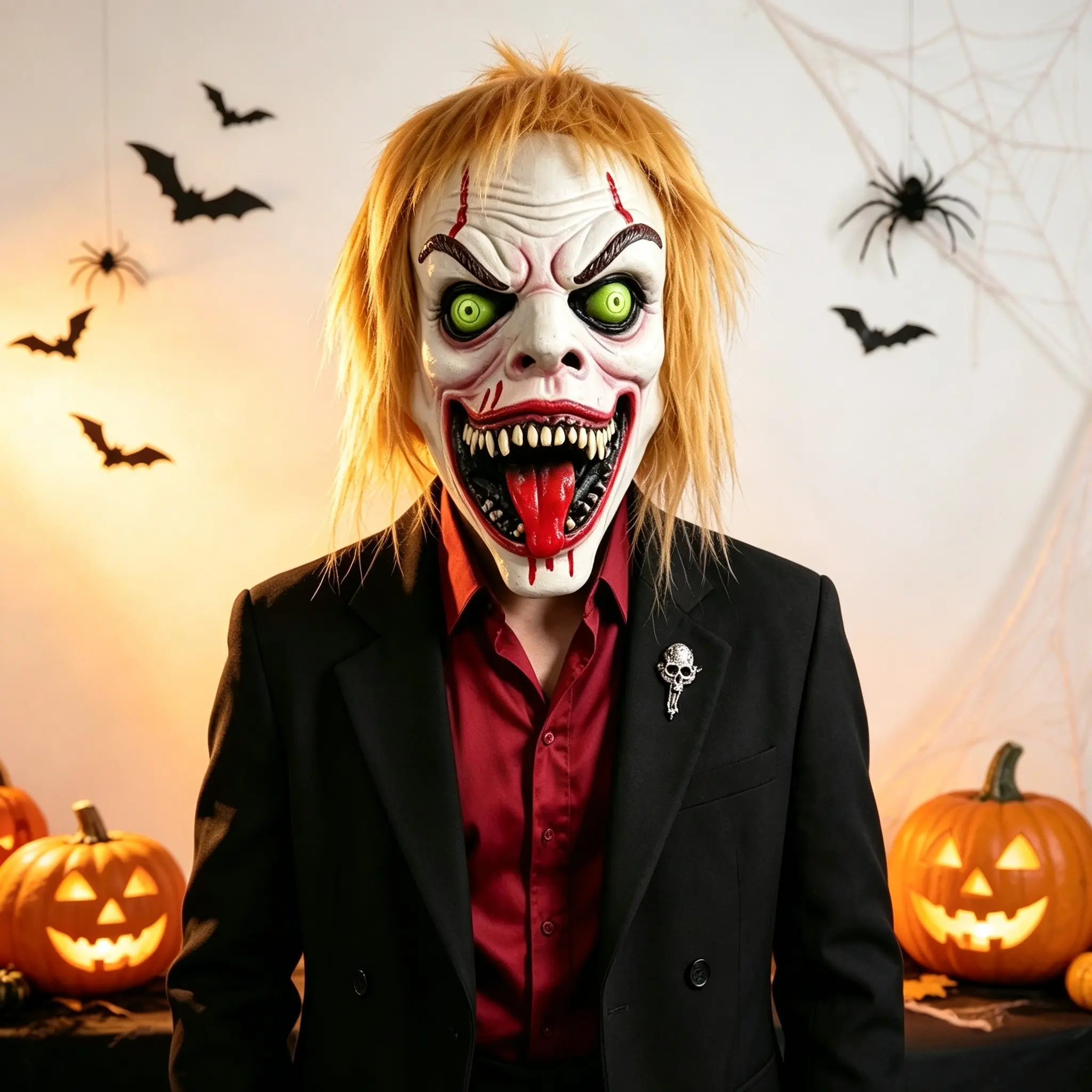 1PC Scary Bloody Clown Mask with Blonde Wig, Green Eyes Full-Face Latex Head Mask, Hyper Realistic Mask, Halloween Cosplay Party Prop Decoration