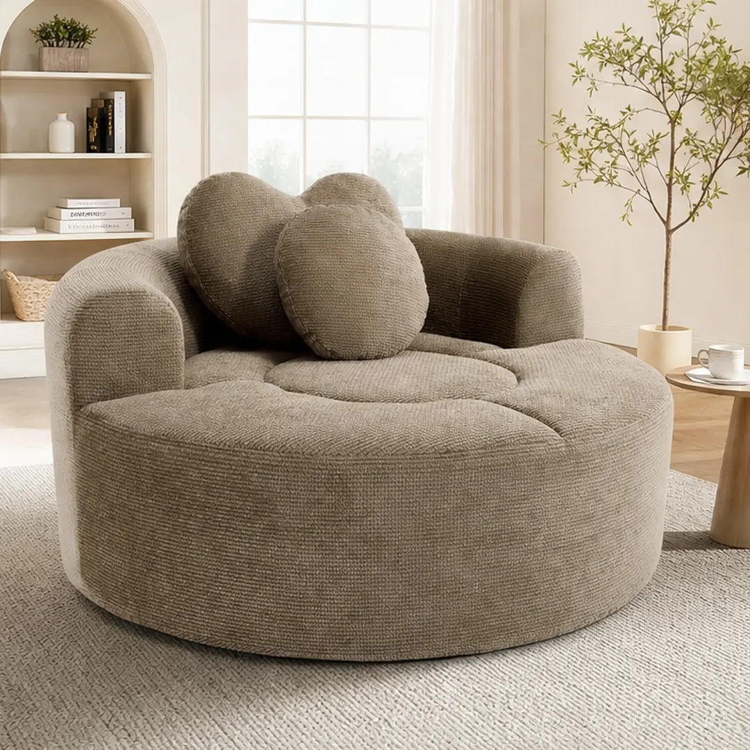 ARCH Round Curved Cloud Sofa Bed with Memory Foam, Comfy Sectional Sofa for Living Room, Waffle Fabric Couch with 3 Pillows & Heart Cushion, Converts Easily, No Assembly Required, 55.2x55.2x25in, Multiple Colors (Brown, Beige, Blue, Green, Black-Gray), Cu