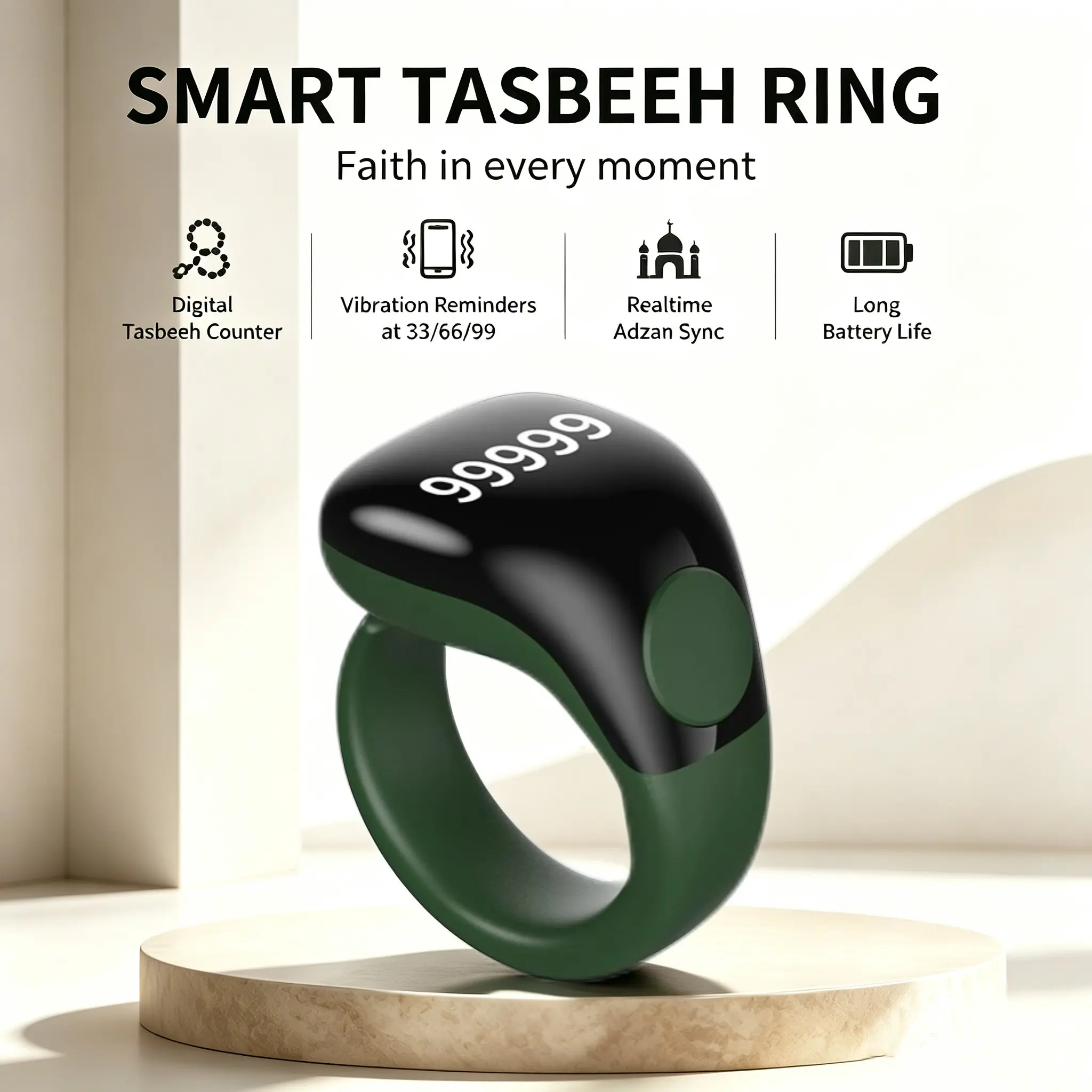 Smart Zikr Bead Ring, Electronic Dhikr Counter, APP Connection, Prayer Time Reminder, Waterproof Silent Button, Muslim Worship Gear