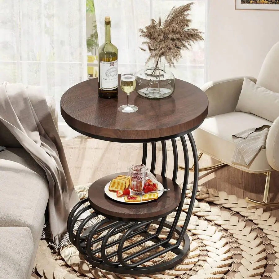 Gold Round End Table: 2 Tiers Faux Side Table With Storage Shelf, Modern White Gold Bedside Nightstand, Metal-Shaped Frame Accent Table Living Room, Bedroom