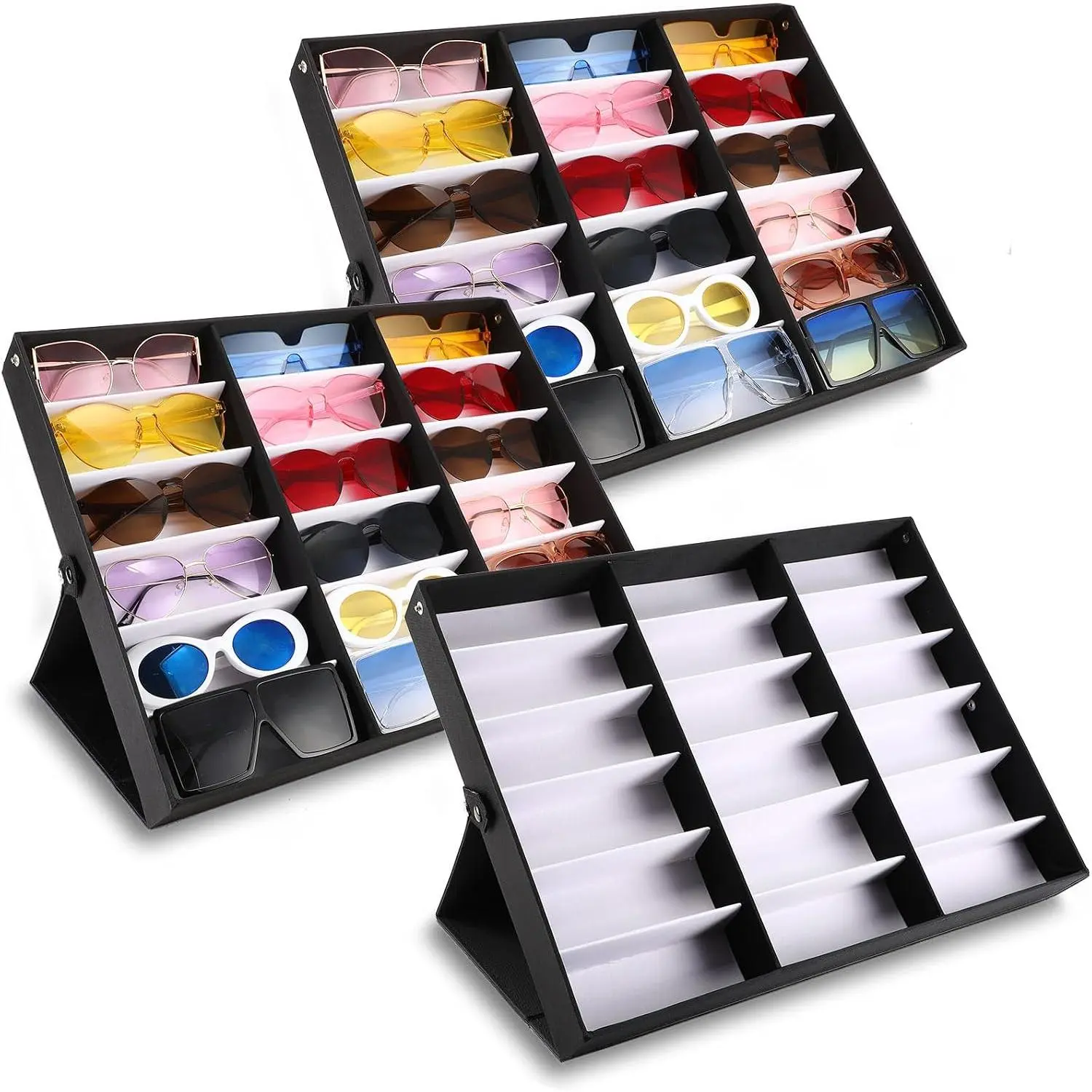 3 count 18 Slot Sunglasses Organizer Storage Holder Eyeglasses Display Case Tray with Stand Fabric Lined  Storage Box