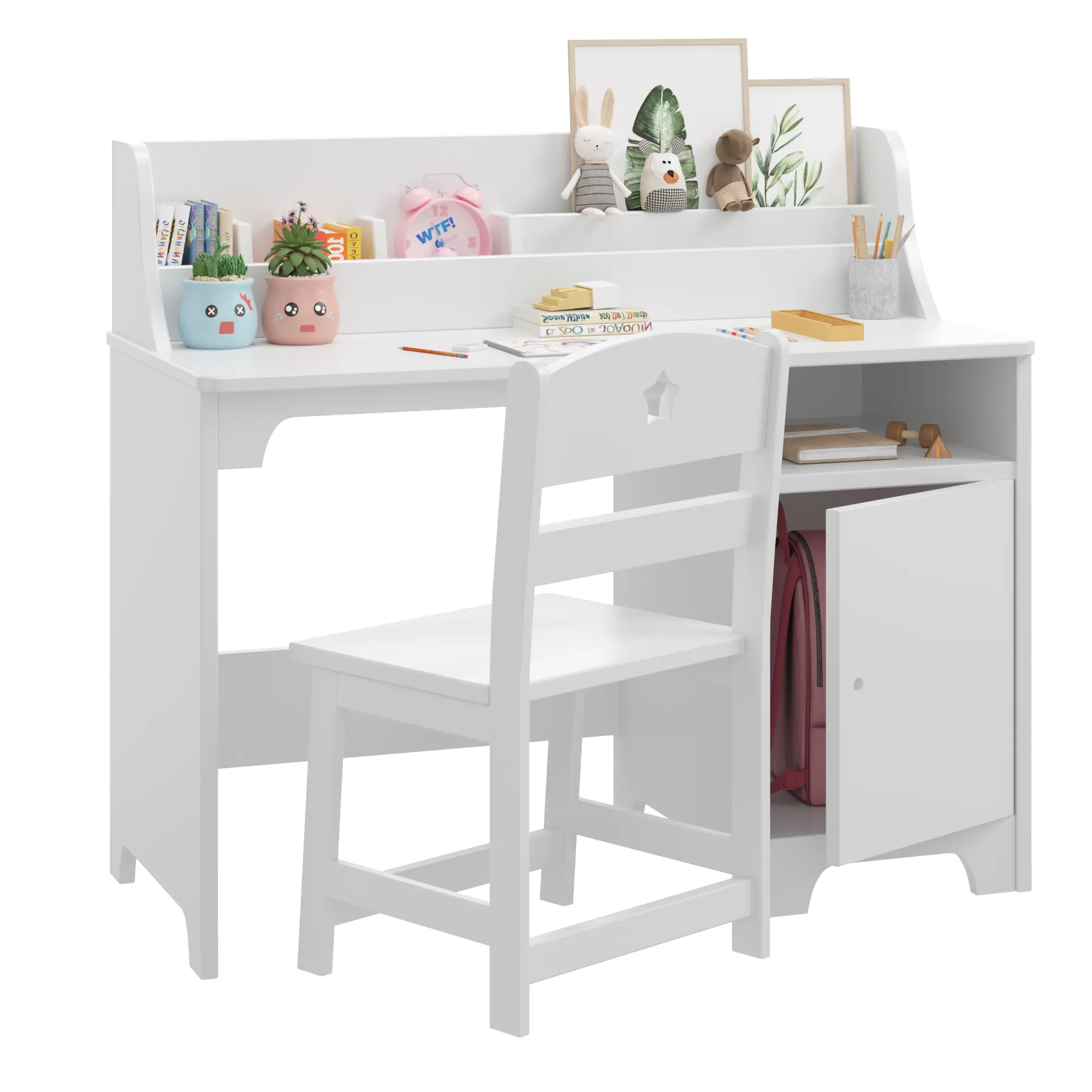 Wooden Kids Desk And Chair Set With Storage Hutch Storage Cabinet White Student Homework Table Ergonomic Child Study Station Bedroom Furniture Set Bookcase Bookshelf For Toddler Child Room