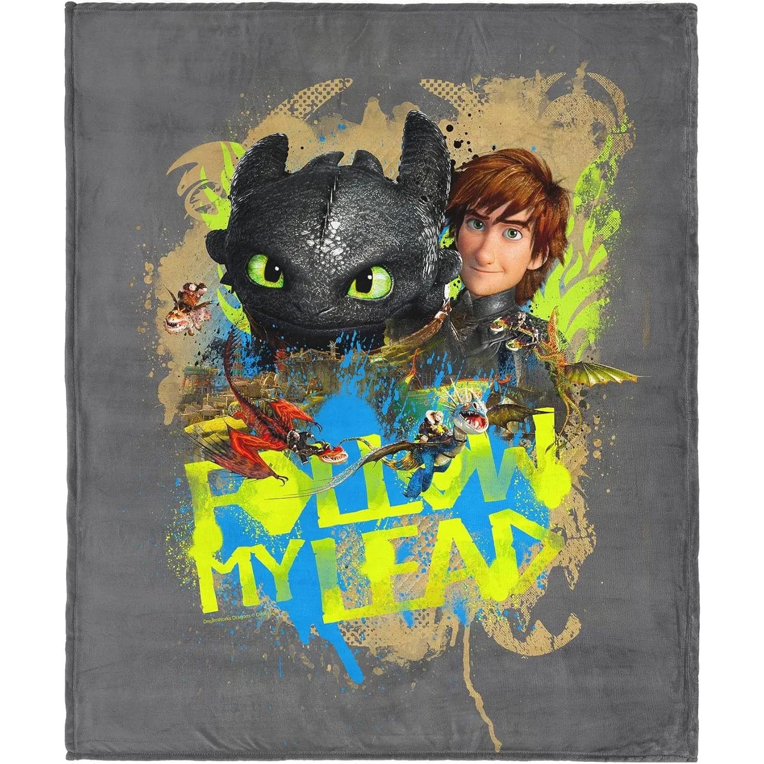 How To Train Your Dragon Follow My Lead Gray Splash Art Flannel Blanket Hiccup & Toothless Cartoon Print Soft Warm Throw Decor Blanket Gift For Kids