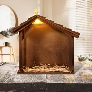 Christmas Nativity Stable with LED Star Light 10.8 Inch Wooden Manger for Nativity Scene Nativity Creche Stable Home Desk Decor for Holy Family (Without Figurines and Batteries)