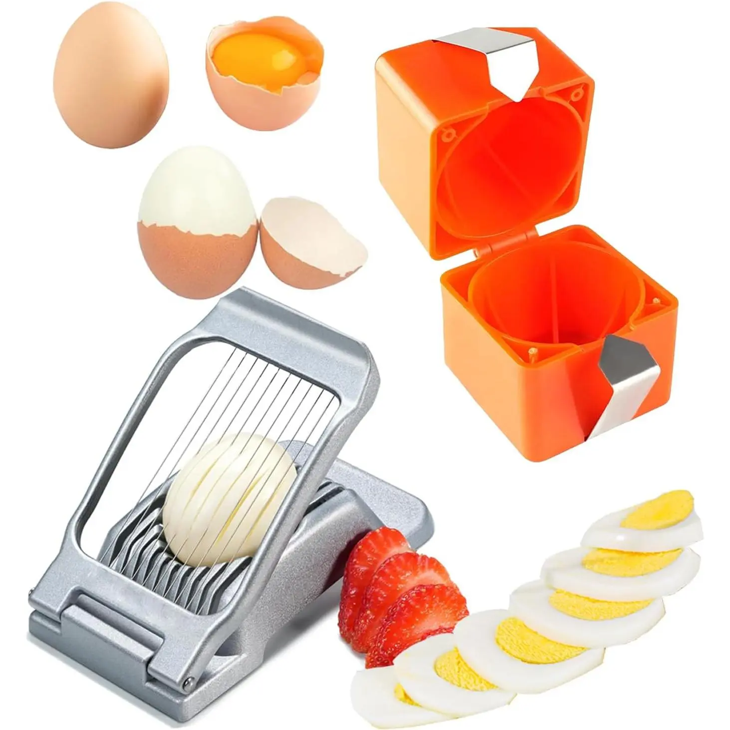 Slicer for Hard Boiled Eggs, Heavy Duty Metal Stainless Steel Aluminum Alloy Egg Cutter for Egg Strawberry Mushroom Hot Dog Soft Fruit Kitchen Tool (Egg Slicer+ Egg Peeler)