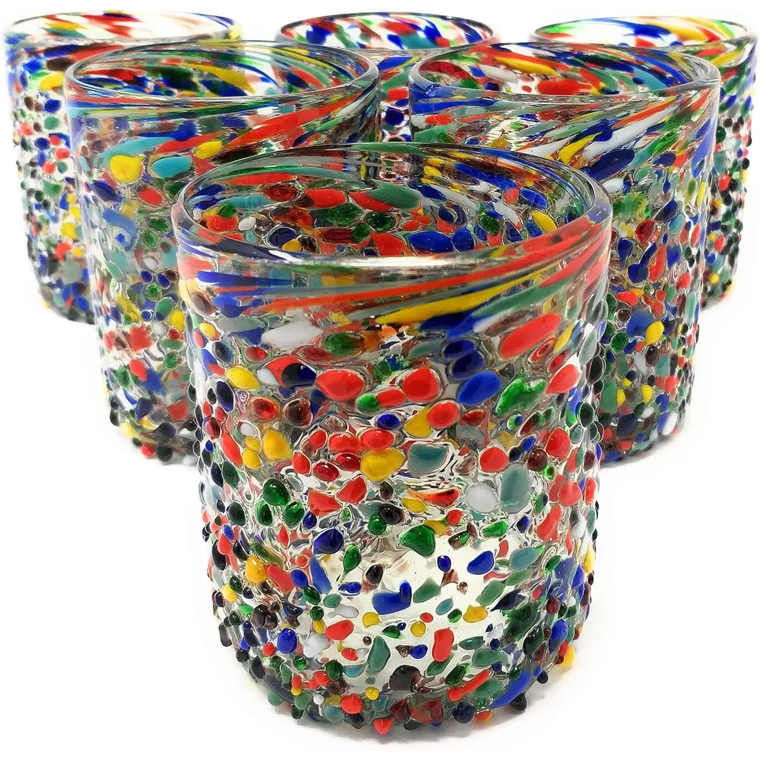 Hand Blown Mexican Drinking Glasses – Set of 6 Confetti Rock Tumbler Glasses (10 oz each)