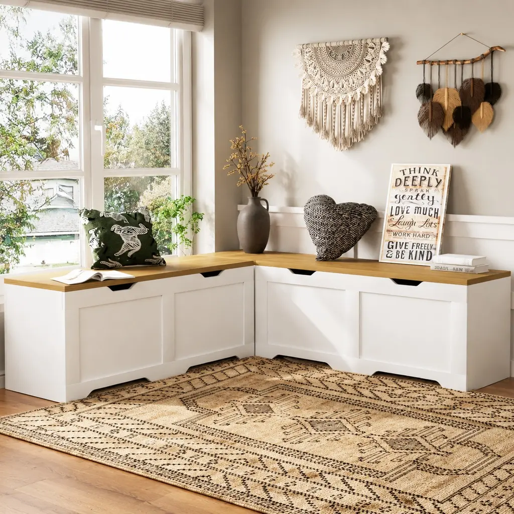 ARCH 3-Piece L-Shaped Storage Bench with Cushion, Multi-Functional Corner Bench Seat with Flip-Top Storage Box, Particle Board, White and Natural, 63x63x19.1 Inches, for Living Room Entryway Kitchen Toy Storage, White+Natural Color Options