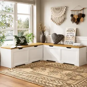 ARCH 3-Piece L-Shaped Storage Bench with Cushion, Multi-Functional Corner Bench Seat with Flip-Top Storage Box, Particle Board, White and Natural, 63x63x19.1 Inches, for Living Room Entryway Kitchen Toy Storage, White+Natural Color Options